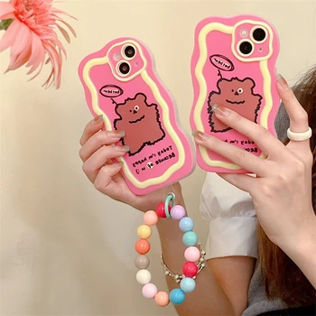 koreai aranyos rózsaszín vonalú medve+karkötő puha IMD telefontok iPhone 14 Pro Max 12 13 11 lencse védelemhez Ütésálló hátlap
