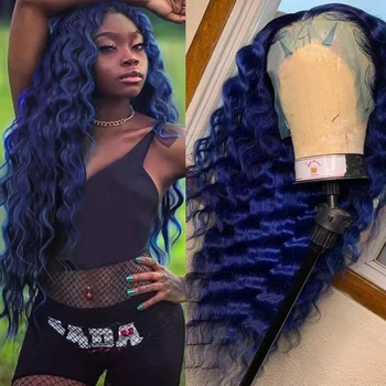 RONGDUOYI Blue Wave szintetikus csipke elülső parókák hosszú, mély hullámos természetes megjelenés Ragasztó nélküli szálas paróka női cosplay Használjon fekete rózsaszín hajat