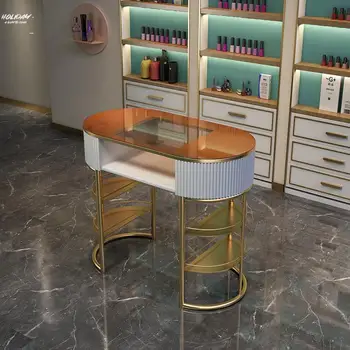 Professzionális manikűr asztal Retro üveg összecsukható szalonasztal Nailtech recepciós rozsdamentes Tavolo manikűr bútor CY50ZJ