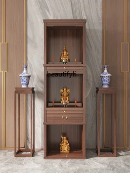 Háztartási tömörfa háromrétegű Buddha szekrény oltár füstölő égő asztal Új kínai stílusú fekete dió egyszerű ruhaszekrény