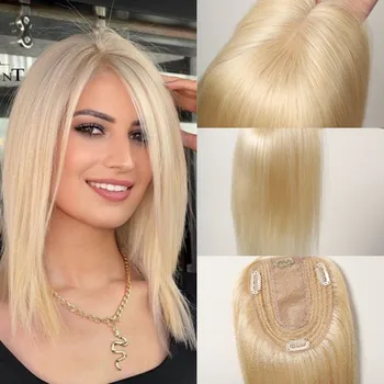 Allbell Hair Topper 10x12cm selyem alap emberi hajfedő hajhosszabbító csipesz 100% emberi hajból egy darab nőknek 12Inch Blonde