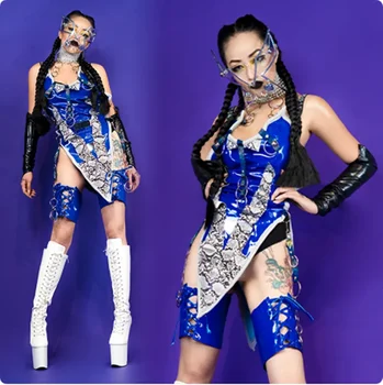 Punk színpadi jelmez Női Pu bőr Gogo táncruha Technology Sense maszk Dj Ds Clubwear Rave Outfit Fesztivál ruházat