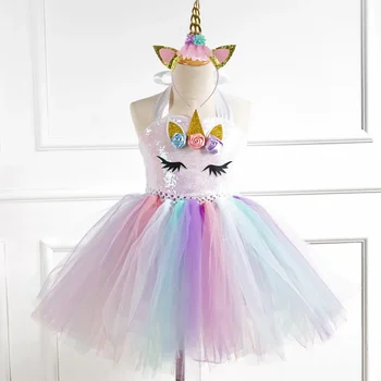 Lány egyszarvú hercegnő ruha szett lányoknak Születésnapi esküvői parti jelmezek Gyerekek csipke Tutu ruházat Gyerekek fantázia ruha Vestidos