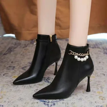 FHC női magas sarkú cipő bokacsizma,divat gyöngylánc csizma,téli cipő rövid bota, hátsó cipzáras hegyes lábujj,fekete,bézs,dropship