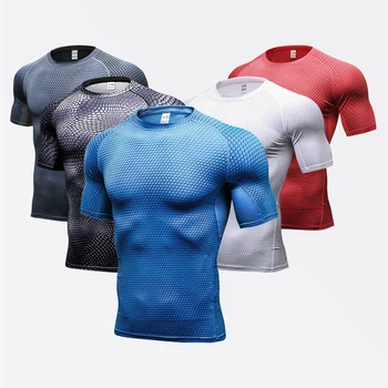 Férfi kompressziós nyomtatás ingek Rövid ujjú edzés Edzőtermi póló Gyorsan szárítsa meg a futófelsőket Sportos edzőing