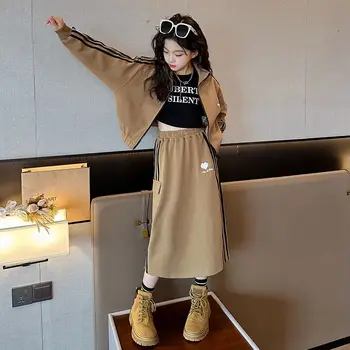 2023 tavasz ősz lány szettek kabát cipzár félhosszú szoknya két darab oldalsó csíkos koreai ok-okozati divatos 5-12 yeras éves