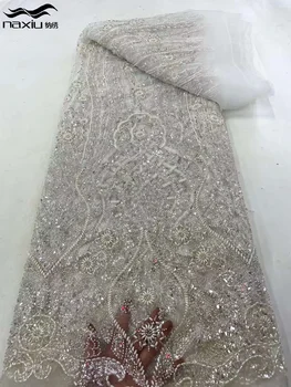 Madison fehér afrikai flitteres csipkeszövet, nigériai gyöngyös háló, menyasszonyi ruha, kiváló minőségű, 5Yards, 2023