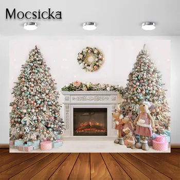 Mocsicka karácsonyi fotózási hátterek Rózsaszín karácsonyfa kandalló fotó háttér fotózáshoz Ünnepi parti dekorációs kellékek