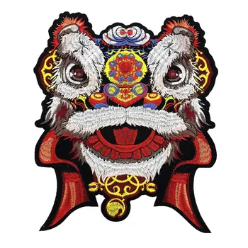 Új érkezés Piros kínai oroszlánfej varrás foltokra hímzett jelvények Szerencsés állat ruhákhoz DIY applikációk Kézműves dekoráció