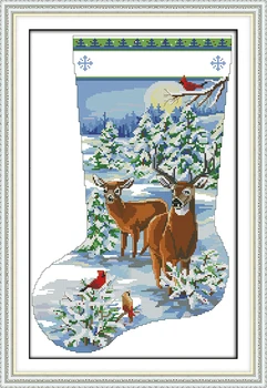 Jávorszarvas karácsonyi harisnya keresztszemes készlet hó 18ct 14ct 11ct nyomtatott vászon DMC színes pamutcérna hímzés DIY Dreamfounder
