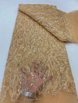 2023 Kiváló minőségű afrikai nigériai tüll csipkeszövet gyöngyökFlitterek hímzés francia Guipure esküvői parti ruha gyöngyös 5Yards