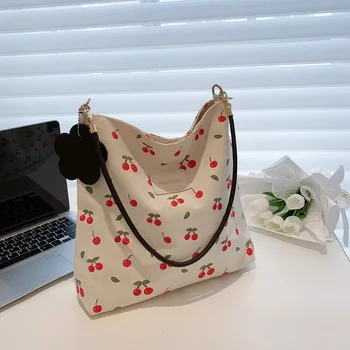 Cseresznye vászontáska Női nagy kapacitású táska 2022 Új ősz Kis friss és egyszerű kézi egyvállú alkalmi táska