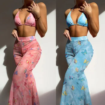 Nyomtatás 3 db Bikini szett női pillangó fürdőruha felsővel Bugyi átlátszó hálós nadrág fürdőruhák 2023 nyári strandruha