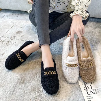 Arany fém láncos cipó cipők Nők Kényelmes báránygyapjú Mokaszinok Alkalmi szőrös cipők Nők Meleg plüss naplopók Bolyhos szőrme lakások