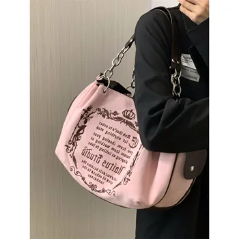 Y2K rózsaszín vintage gótikus női táska esztétikus nagy kapacitású hímzőlevelek retro vásárlás utazási lánc válltáska