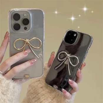 Elegáns 3D Big Metal Bowknot telefontok iPhone 15-höz 14 13 12 Pro Max 11 egyszerű aranyos epoxi átlátszó puha borítójú barát ajándékhéj