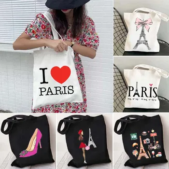 Divat Eiffel-torony Párizs Franciaország Lány rajzolás Aranyos íj Szerelem Szív Vásárló Váll vászon Totes táskák Harajuku Bevásárló kézitáskák
