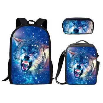 Starry Sky Wolf hátizsák Utazó laptop hátizsákok Gyerek iskolatáska készletek Könyvtáskák fiúknak, lányoknak, tizenéveseknek 3db/készlet uzsonnás dobozokkal