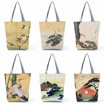 Japán stílusú Ukiyoe kézitáskák Női táskák bevásárlótáska tinta festés tájkép nyomtatott öko újrafelhasználható alkalmi egyedi minta