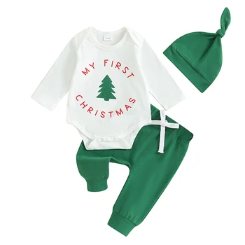 Kisfiú karácsonyi ruha, hosszú ujjú betűk fa nyomtatott romper nadrággal és kalappal, csecsemő ruha